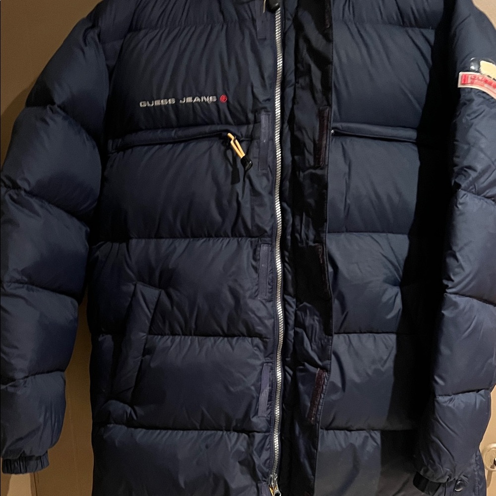 Guess Men's Vintage Deep Blue Reversible Down Hooded Puffer Parka Coat Sz L - Picture 14 of 16